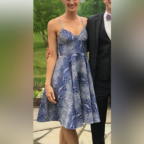 Sau Lee Blue and White Snake Print Cocktail Dress Size 4 - Picture 1 of 11